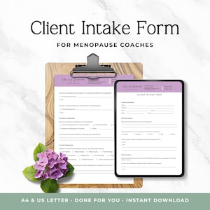 May include: A client intake form for menopause coaches, displayed on a clipboard and a tablet. The form has a purple header and includes sections for medical history and current symptoms. A bouquet of purple flowers is in the corner.