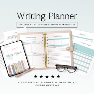 May include: A writing planner with a light pink cover, gold spiral binding, and various planning pages. The image includes a tablet with the words "Writing Planner" and a pen. The text includes "A BESTSELLING PLANNER WITH GLOWING 5-STAR REVIEWS."