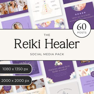 May include: A digital social media pack titled The Reiki Healer, featuring 60 posts in purple and cream tones. The collection includes graphics with chakra diagrams, crystal illustrations, and text overlays, with dimensions of 1080 x 1350 px and 2000 x 2000 px.