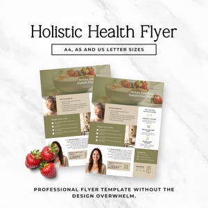 Puede incluir: Una plantilla de folleto de salud holística con un tazón de fruta, una fotografía de una persona y secciones de texto tituladas Are you tired of, Imagine if you could y My Coaching Services Include. Disponible en tamaños A4, A5 y carta de EE. UU.