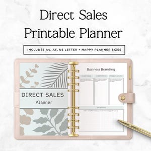 May include: A light pink ring-bound planner featuring a cover with botanical illustrations and the text Direct Sales Planner. The interior page displays a Business Branding layout with sections for client ideas, competition, and product service.