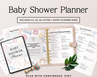May include: A baby shower planner with the title "Baby Shower Planner" on a tablet and a binder. The planner includes A4, A5, US Letter, and Happy Planner sizes. The image also includes a baby rattle and a sprig of green leaves.