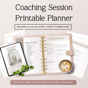 May include: A coaching session printable planner with a light pink binder featuring gold rings. The pages include a table of contents, client information sheet, and session preparation checklist. Text reads Coaching Session Printable Planner.