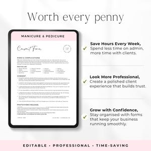 May include: A digital document template for a manicure and pedicure consent form with a pink header, black text, and a logo placeholder. The document lists risks, complications, and consent clauses, accompanied by three bulleted benefit points.