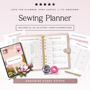 May include: A sewing planner set featuring a beige ring binder, a digital journal cover with floral accents, and printed pages including a body measurement chart, fabric inventory, and weekly planner. Text includes Sewing Planner and Organise Every Stitch.