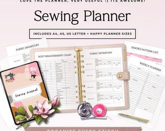 May include: A sewing planner set featuring a beige ring binder, a digital journal cover with floral accents, and printed pages including a body measurement chart, fabric inventory, and weekly planner. Text includes Sewing Planner and Organise Every Stitch.