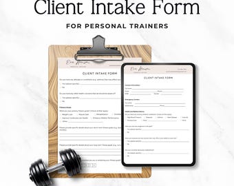 May include: A client intake form for personal trainers, featuring a clipboard with a form and a digital tablet with a similar form. A dumbbell rests on the bottom left. The forms include sections for health history and fitness goals.