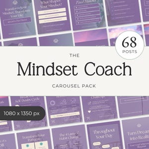 Op de afbeelding: Een verzameling social media sjablonen in paars en wit, die een mindset coaching programma promoten. De tekst bevat "The Mindset Coach" en "Carousel Pack", met onderwerpen als "Transformeer je mindset" en "Gewoonteverandering".