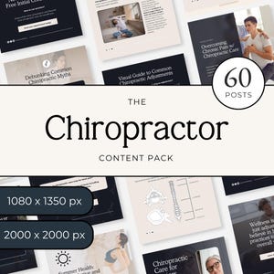 Peut inclure: Un pack de contenu numérique pour chiropraticiens comprenant 60 modèles de publications pour réseaux sociaux. La collection inclut divers agencements avec des fonds sombres et clairs, des textes, des schémas anatomiques et des images de bien-être.