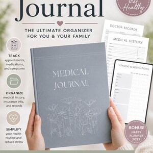 May include: A gray Medical Journal with the text "Medical Journal" and floral illustrations. The journal includes templates for tracking appointments, medical history, and symptoms. Also includes a digital planner and bonus Happy Planner sizes.