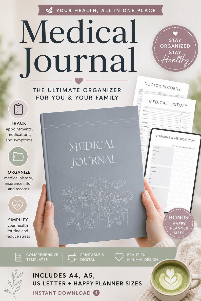 May include: A gray Medical Journal with the text "Medical Journal" and floral illustrations. The journal includes templates for tracking appointments, medical history, and symptoms. Also includes a digital planner and bonus Happy Planner sizes.