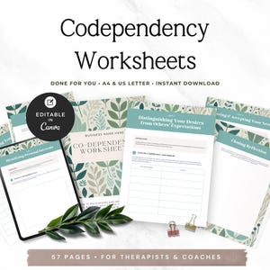 May include: A set of printable codependency worksheets featuring a botanical leaf pattern in shades of green and beige. The pages include titles such as Identifying Personal Interests, Distinguishing Your Desires from Others' Expectations, and Closing Reflection.