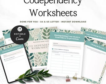 Könnte beinhalten: Ein Set aus druckbaren Arbeitsblättern zur Co-Abhängigkeit mit einem botanischen Blattmuster in Grün- und Beigetönen. Die Seiten enthalten Titel wie Identifying Personal Interests, Distinguishing Your Desires from Others' Expectations und Closing Reflection.