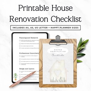 Op de afbeelding: Een printbaar checklist-document voor huisrenovatie met de tekst "Printable House Renovation Checklist" en "INCLUDES A4, A5, US LETTER + HAPPY PLANNER SIZES". Het document bevat secties voor planning, onderzoek en ontwerp.