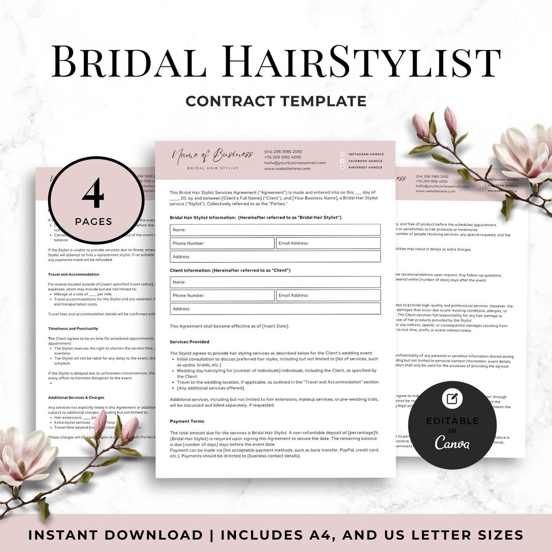 Bridal Hair Stylist Contract Template, Customizable Client Agreement ...