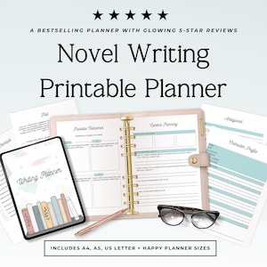 May include: A novel writing printable planner set featuring a blush pink binder with gold rings, a tablet displaying a writing planner cover, black-rimmed glasses, and a rose gold pen. Includes pages for plot, character profiles, and content planning.