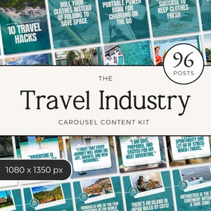 May include: A carousel content kit titled "The Travel Industry" with travel tips and facts. The image includes text such as "10 Travel Hacks", "Roll your clothes instead of folding to save space", and "Portable power bank for charging on the go".
