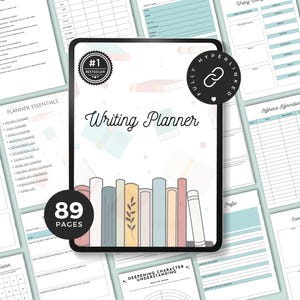 Peut inclure: Un planificateur numérique pour les écrivains avec une couverture représentant une pile de livres colorés et le texte "Writing Planner". Le planificateur comprend 89 pages et est entièrement hyperlié.