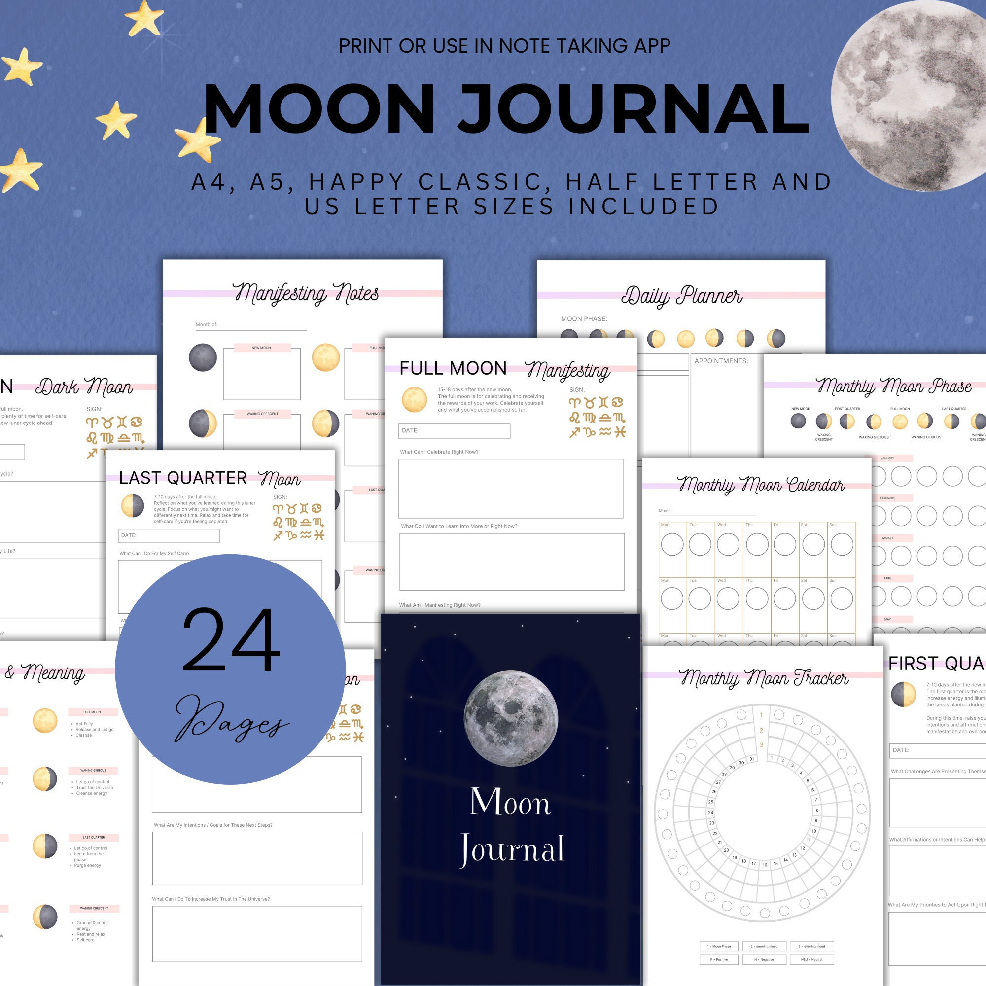 【サイズ交換ＯＫ】 Moon Journal Printable Planner | Lunar Phases Tracker 手帳