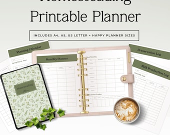 May include: A homesteading printable planner set featuring a light pink six-ring binder, a cover with a green leaf pattern, and various log sheets including a planting calendar, monthly planner, meal planning, and milk production log.