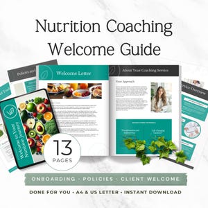 Op de afbeelding: Een digitale welkomstgids voor voedingscoaching met de titel "Nutrition Coaching Welcome Guide". De gids bevat een welkomstbrief, informatie over coachingdiensten en een tablet met fruit en groenten. De gids is 13 pagina's lang.