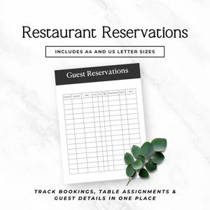 May include: A white notepad with the text "Guest Reservations" at the top, designed for tracking bookings, table assignments, and guest details. The notepad includes A4 and US letter sizes. The words "Restaurant Reservations" are at the top.