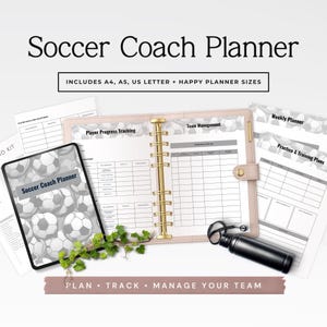 May include: A soccer coach planner with a light pink cover and gold binding, open to reveal lined pages. Includes a tablet with the text "Soccer Coach Planner" and a black water bottle. Text reads "Plan Track Manage Your Team."