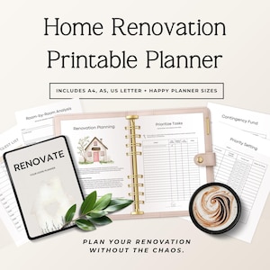Op de afbeelding: Een printbare planner voor woningrenovatie met een lichtroze ringband met gouden ringen, losse vellen met koppen zoals Renovation Planning en Prioritize Tasks, een voorpagina met de titel RENOVATE en een kopje koffie met latte art.