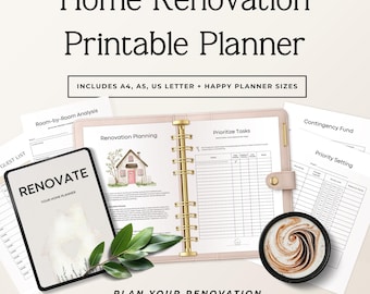 May include: A home renovation printable planner set featuring a light pink binder with gold rings, loose-leaf pages with headers like Renovation Planning and Prioritize Tasks, a cover page titled RENOVATE, and a cup of coffee with latte art.