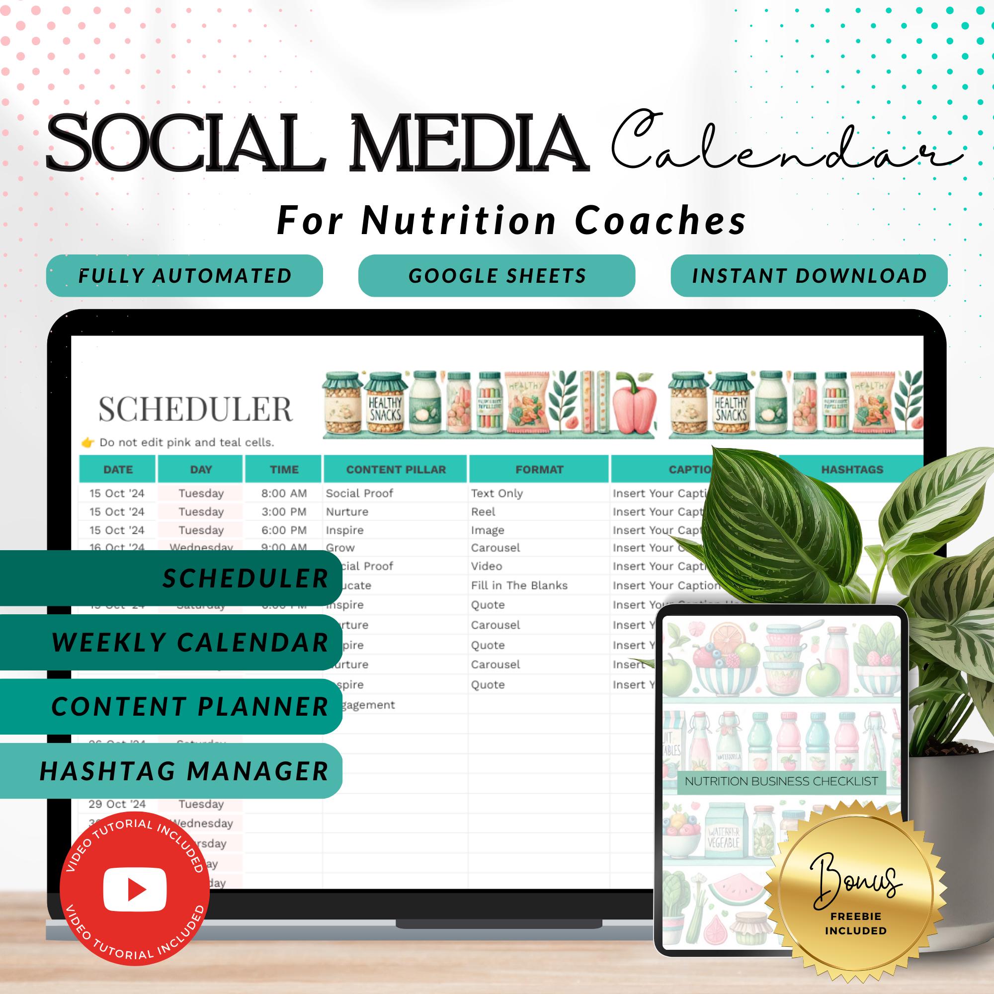 Nutrition Coach Social Media Content Calendar Spreadsheet Health Coach Marketing Calendar Google Sheets Instagram Posting Schedule Generator