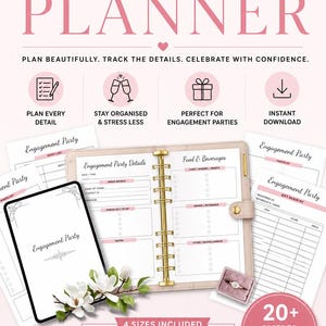 K&ouml;nnte beinhalten: Ein digitaler Planer f&uuml;r Verlobungsfeiern in Rosa und Wei&szlig;. Das Set enth&auml;lt druckbare Seiten f&uuml;r G&auml;stelisten, Checklisten und Geschenkregister sowie eine Ringbox und florale Akzente. Der Text umfasst Engagement Party Planner, Plan Every Detail, Stay Organised & Stress Less, Perfect for Engagement Parties, Instant Download und 20+ Pages to Plan Your Perfect Celebration.