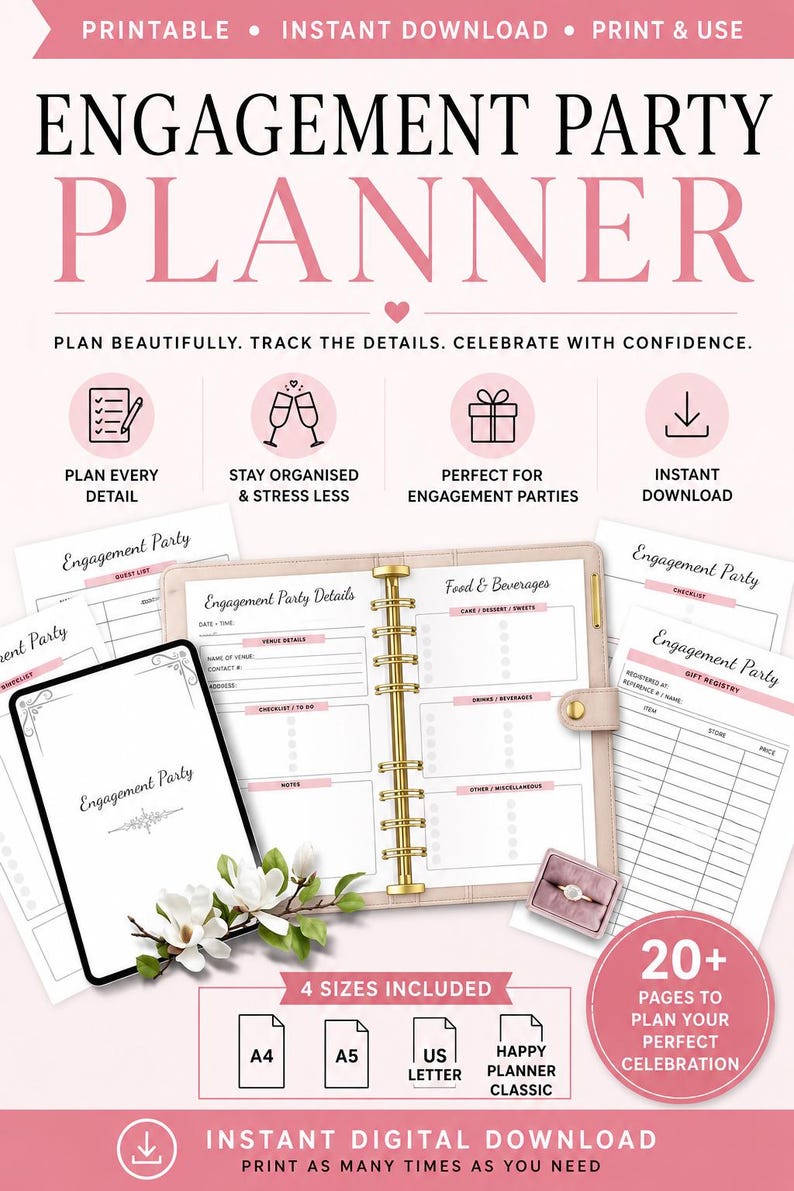 K&ouml;nnte beinhalten: Ein digitaler Planer f&uuml;r Verlobungsfeiern in Rosa und Wei&szlig;. Das Set enth&auml;lt druckbare Seiten f&uuml;r G&auml;stelisten, Checklisten und Geschenkregister sowie eine Ringbox und florale Akzente. Der Text umfasst Engagement Party Planner, Plan Every Detail, Stay Organised & Stress Less, Perfect for Engagement Parties, Instant Download und 20+ Pages to Plan Your Perfect Celebration.