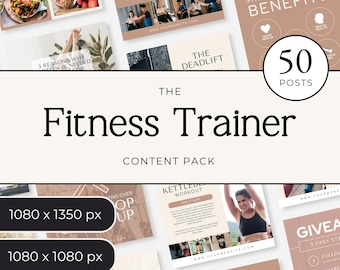May include: A digital content pack for fitness trainers, featuring a variety of social media posts. The design includes images of healthy food, exercise, and motivational quotes. The text includes "The Fitness Trainer" and "50 Posts". The color scheme is neutral with beige and brown tones.
