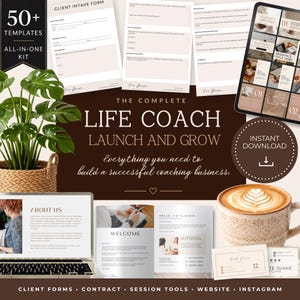 May include: A digital life coach business kit featuring 50 plus templates, including client intake forms, welcome packets, and social media graphics. The display includes a laptop, a coffee mug, business cards, and a potted monstera plant.