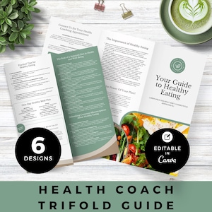 Plantilla de folleto tríptico editable sobre alimentación saludable para entrenadores de salud Guía de nutrición para entrenadores de bienestar Material de marketing de Canva personalizable
