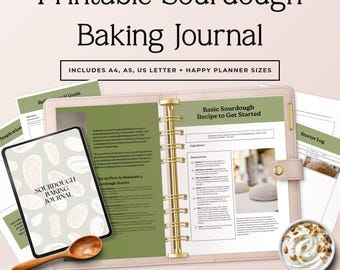 May include: A printable sourdough baking journal featuring a light pink binder with gold rings, containing pages with a basic sourdough recipe, starter log, and reflection goals. Includes a digital tablet displaying the journal cover and a wooden spoon.