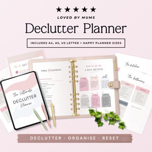 May include: A declutter planner with the text "Declutter Planner" and "Loved by Mums". The planner includes A4, A5, US Letter, and Happy Planner sizes. The image shows a tablet, a binder, and several pages with decluttering tips.