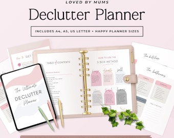 May include: A declutter planner with the text "Declutter Planner" and "Loved by Mums". The planner includes A4, A5, US Letter, and Happy Planner sizes. The image shows a tablet, a binder, and several pages with decluttering tips.