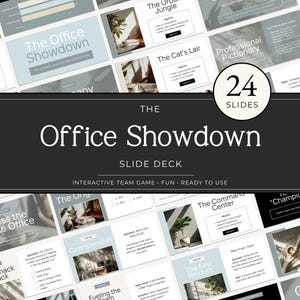 Puede incluir: Un conjunto de diapositivas digitales titulado The Office Showdown que incluye 24 diapositivas para un juego de equipo interactivo. El diseño presenta varias plantillas con esquemas de color azul claro y blanco, cuadros de texto y fotos.