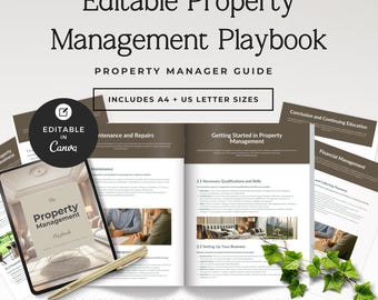 May include: An editable property management playbook guide featuring text that reads Editable Property Management Playbook, Property Manager Guide, Includes A4 + US Letter Sizes, Editable in Canva, and Confident Property Management Made Simple.