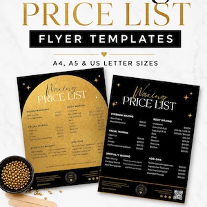 May include: Two professional waxing price list flyer templates in A4, A5, and US letter sizes. One template features a gold arch design on a black background, while the other is a black design with gold text. Both list services and prices.