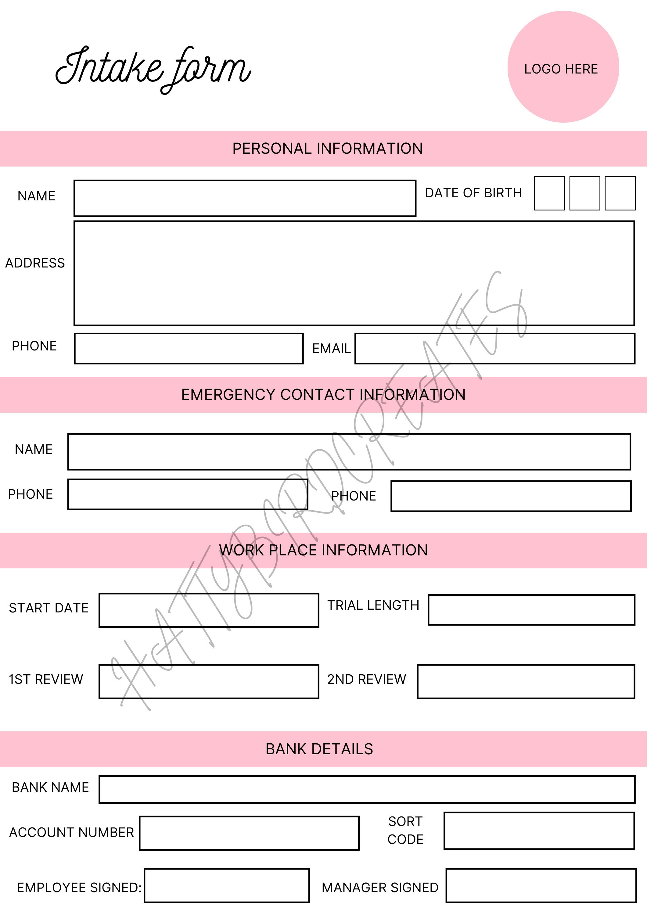 Editable New Employee Intake Form Staff Record Employee - Etsy