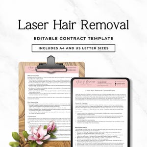以下が含まれることがあります： レーザー脱毛契約書の編集可能なテンプレート。Laser Hair Removal、Editable Contract Template、Includes A4 and US Letter Sizesというテキストが含まれています。文書にはアフターケアの指示とピンクのアクセントが付いた同意書が含まれています。