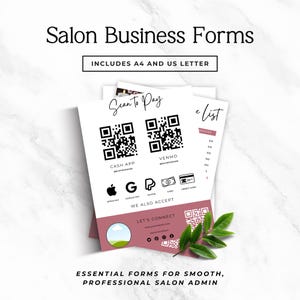May include: A stack of white and dusty rose salon business forms featuring the text Salon Business Forms, Includes A4 and US Letter, Scan To Pay, Cash App, Venmo, Apple Pay, Google Pay, Paypal, Cash, Credit Card, We Also Accept, and Let's Connect.