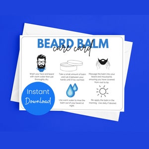 Cartão de cuidados com bálsamo para barba para impressão | Instruções para bálsamo para barba e bigode | Etiqueta de cuidados masculinos | Placa de barbearia | Download digital