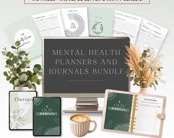Può includere: Un pacchetto digitale di agende e diari per la salute mentale con un monitor che mostra il testo MENTAL HEALTH PLANNERS AND JOURNALS BUNDLE, circondato da varie pagine stampate, un diario di terapia, un diario per il disturbo ossessivo-compulsivo.