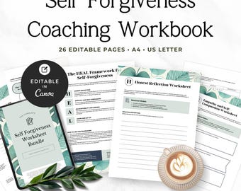 Self Forgiveness Workbook | Growth Mindset Coach Workbook Canva | Therapy Worksheets | Self Compassion Exercises | A4 & US Letter