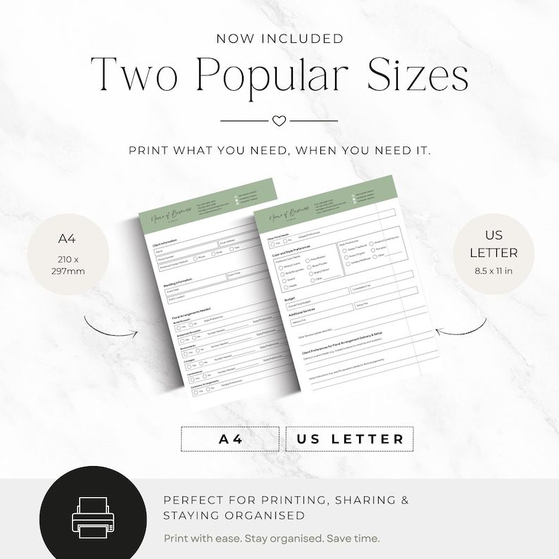 May include: Two printable floral business order forms in A4 and US Letter sizes. The forms feature a sage green header with space for business name and contact details, followed by sections for client information, event details, and floral preferences.