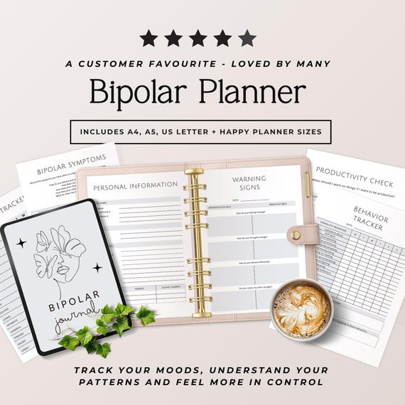 Bipolar Journal, Bipolar Mood Tracker, Bipolar Disorder Planner, Therapy Workbook, Symptom Tracker, Self Care Journal, Printable, Champion