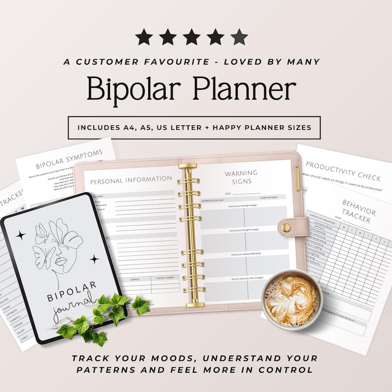 K&ouml;nnte beinhalten: Ein Bipolar-Planer-Set mit einem Ringbuch-Organizer, der Seiten f&uuml;r pers&ouml;nliche Informationen und Warnsignale enth&auml;lt, einem Bipolar-Journal-Einband mit Strichzeichnung und Tracker-Bl&auml;ttern. Der Text umfasst Bipolar Planner und Bipolar Journal.